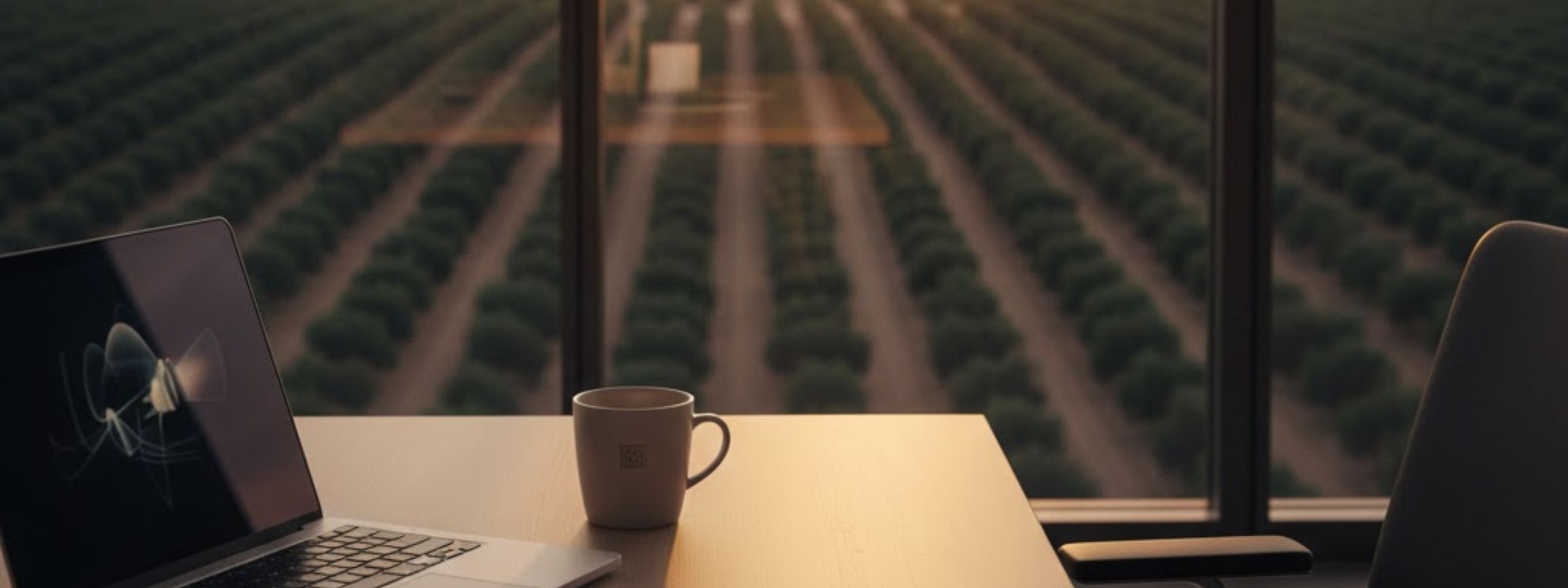 Vista desde una oficina con una laptop y taza de café sobre el escritorio, y un campo de cultivo al atardecer visible por la ventana.