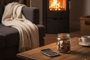 Sala de estar acogedora con chimenea encendida, frasco de monedas, calculadora y taza de café