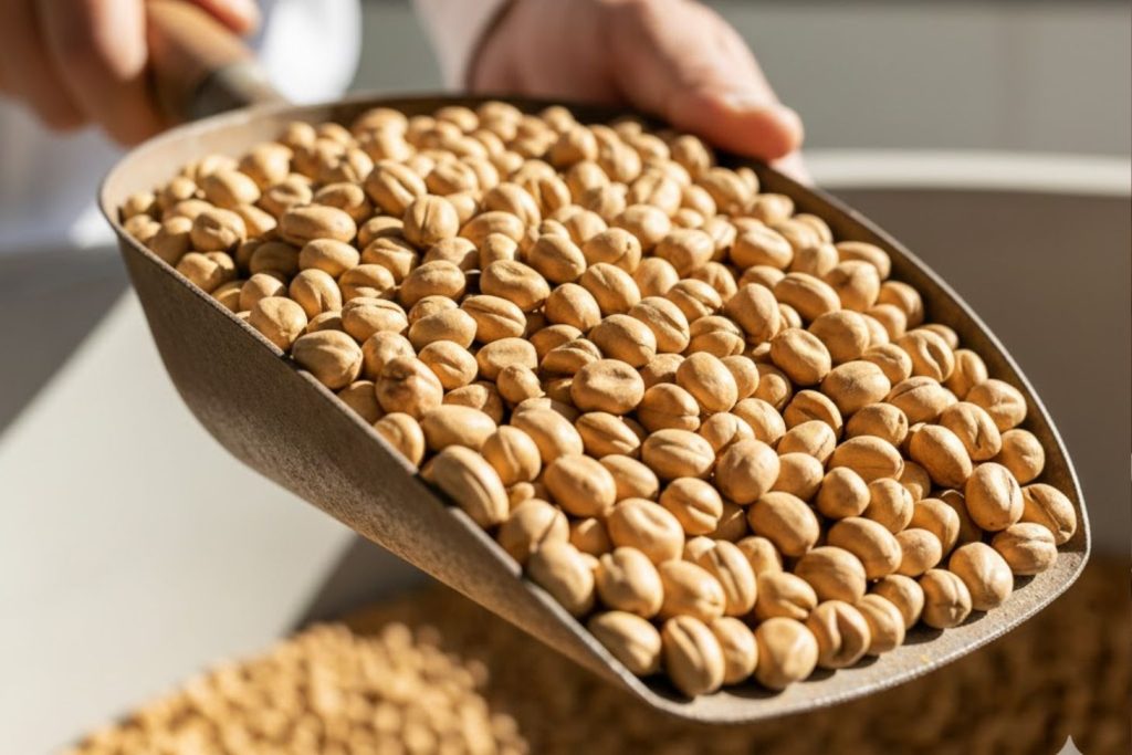 Primer plano de semillas de garbanzo maduras en una pala de metal, resaltando su textura y color dorado en un entorno bien iluminado.