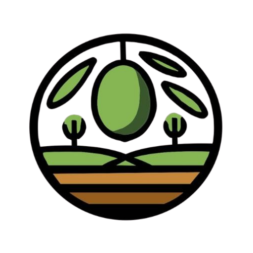 Logotipo de olivo con paisaje agrícola sostenible, destacando un olivo central y árboles bajo un esquema abstracto.