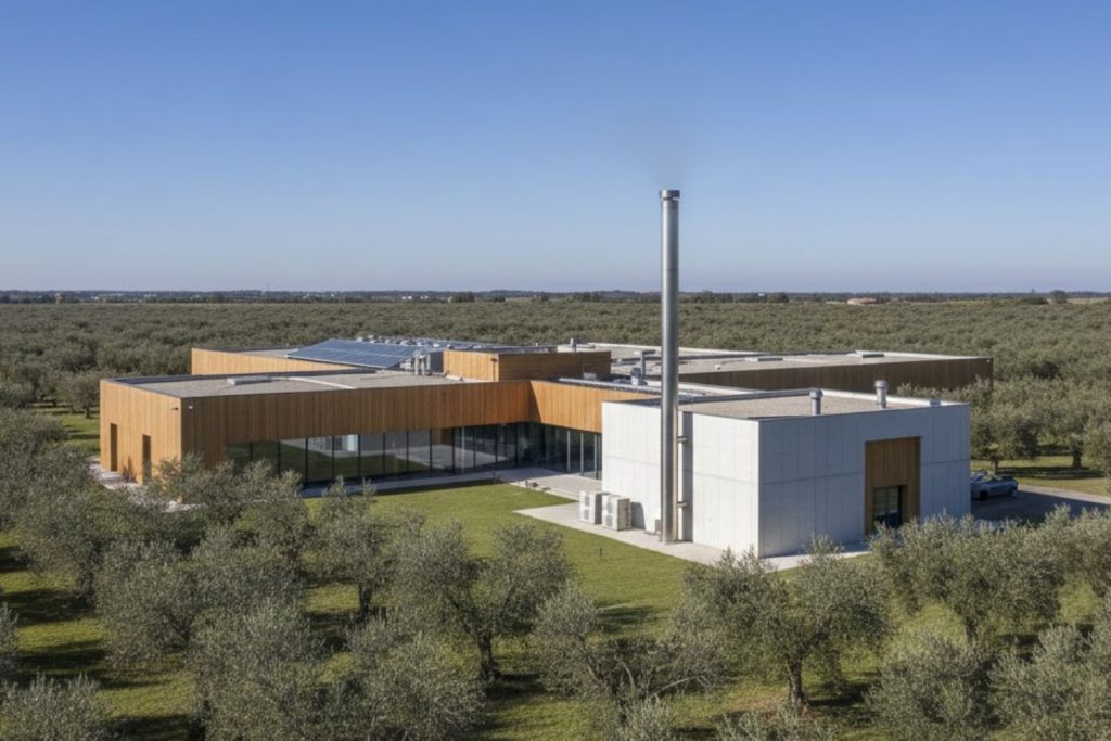 Almazara moderna y sostenible situada en un extenso campo de olivos bajo un cielo despejado.