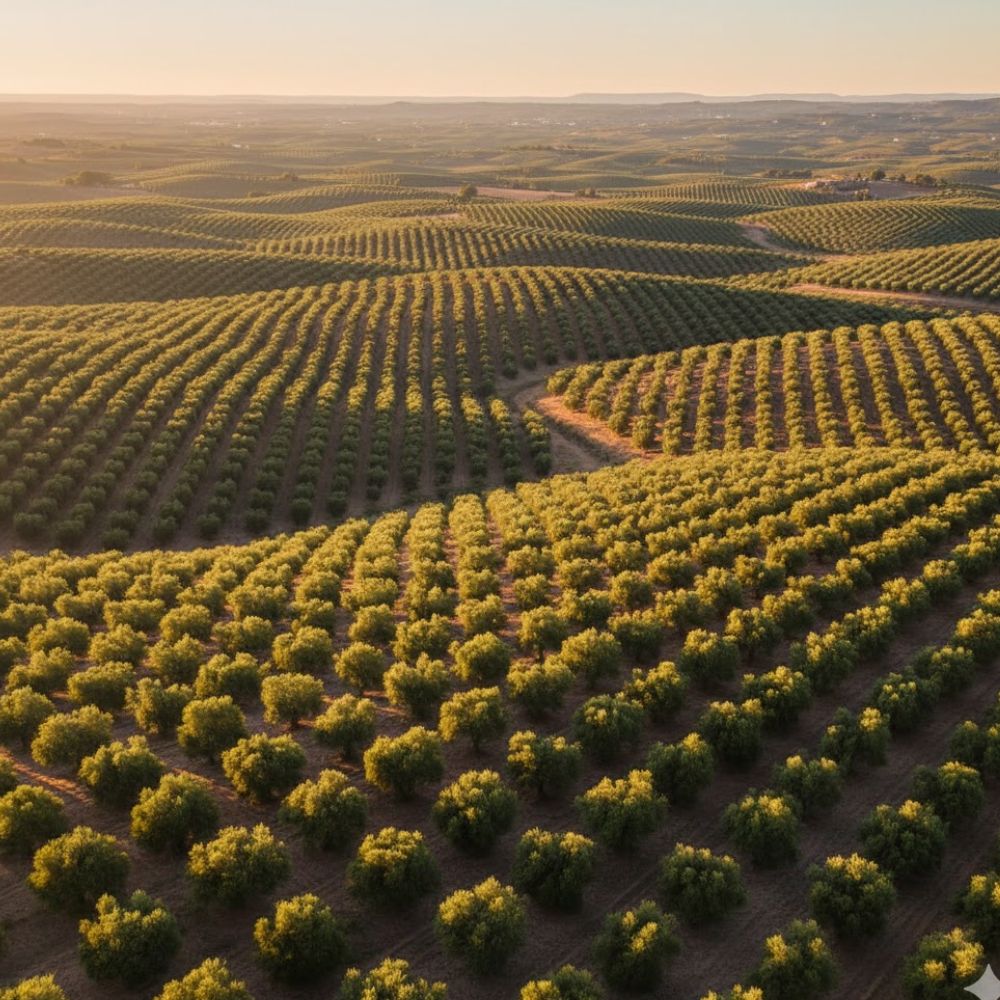 Vista panorámica de campos de olivos iluminados por el sol del atardecer en Andalucía, España.