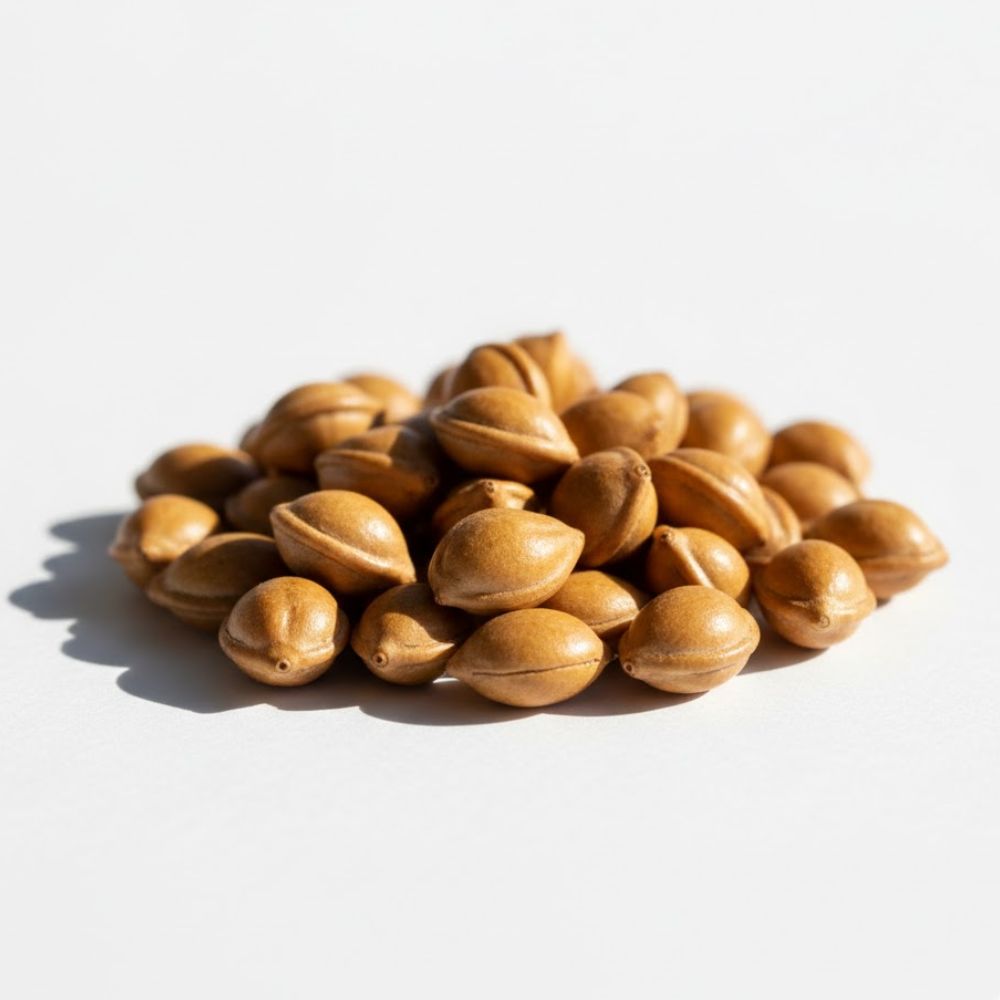 Semillas secas de cilantro apiladas sobre una superficie blanca, resaltando su textura y color marrón claro.