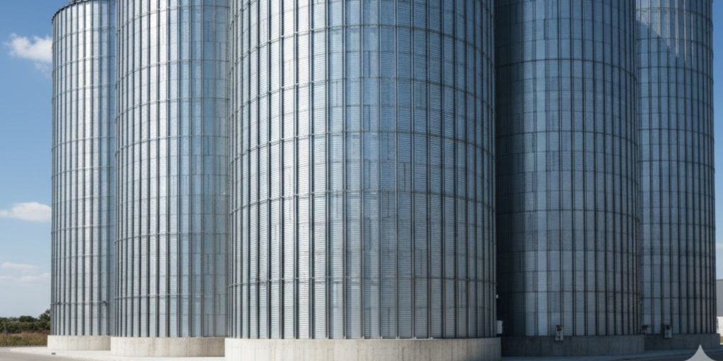 Silos metálicos de acero para almacenamiento de granos en área industrial