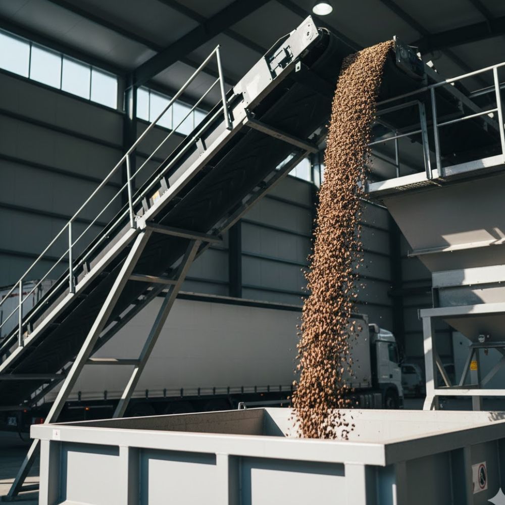 Cinta transportadora en planta industrial manejando materiales a granel.