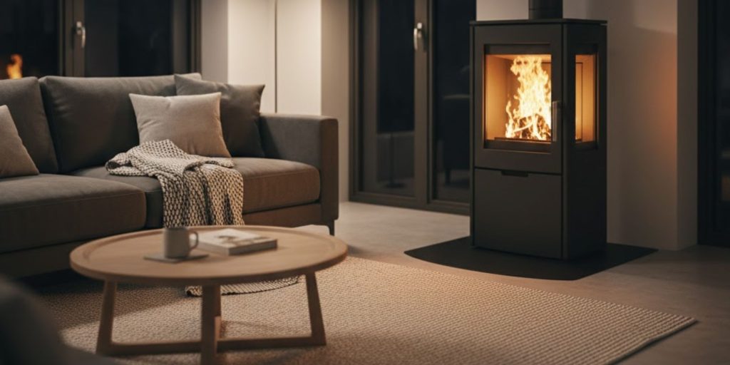 Sala de estar elegante con sofá gris, mesa de centro circular de madera y estufa de leña encendida